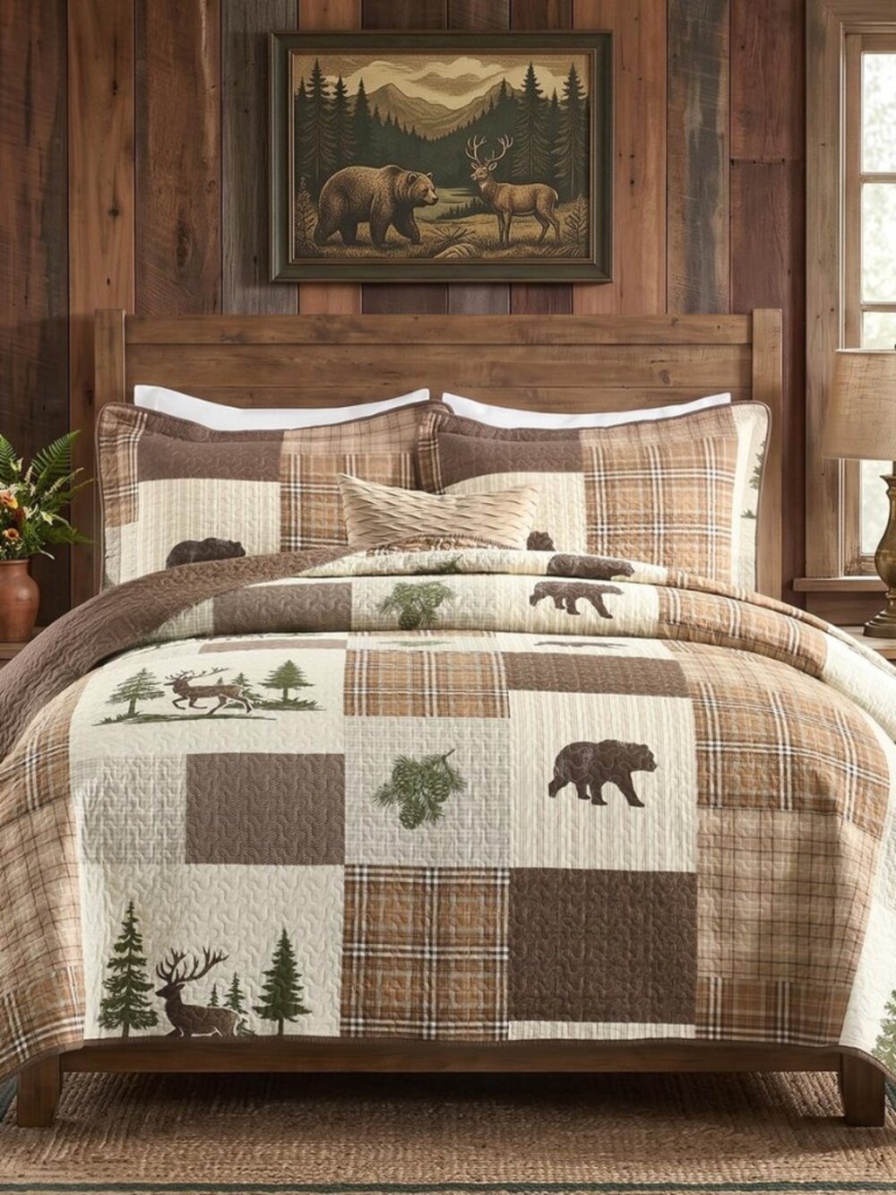 Cabin Queen Quilt Set, 100% Cotton Farmhouse Queen Bedspread, Forest Tree Brown